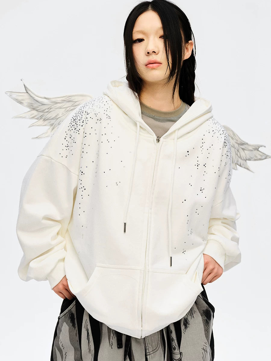 Sweat à capuche zippé avec ange en strass