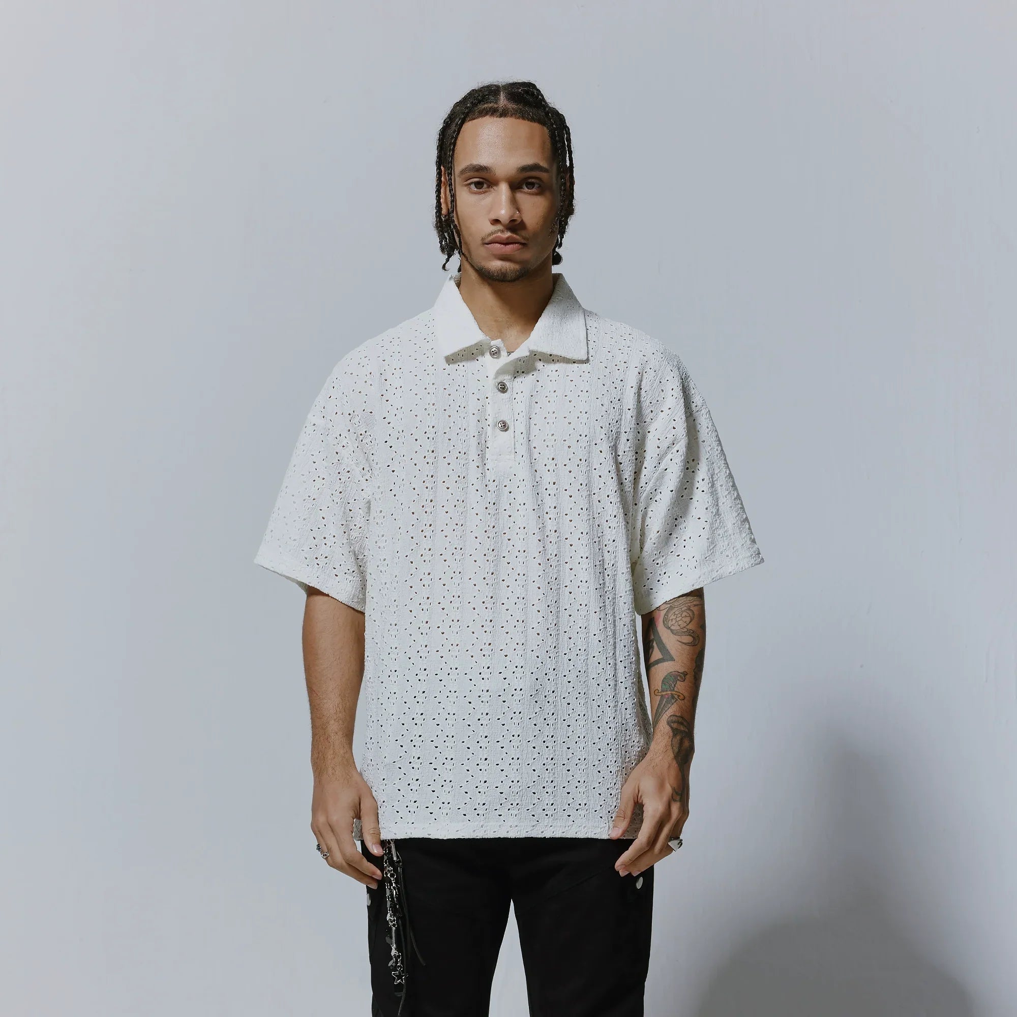Hollow Design Oversize Short Sleeve Polo Shirt