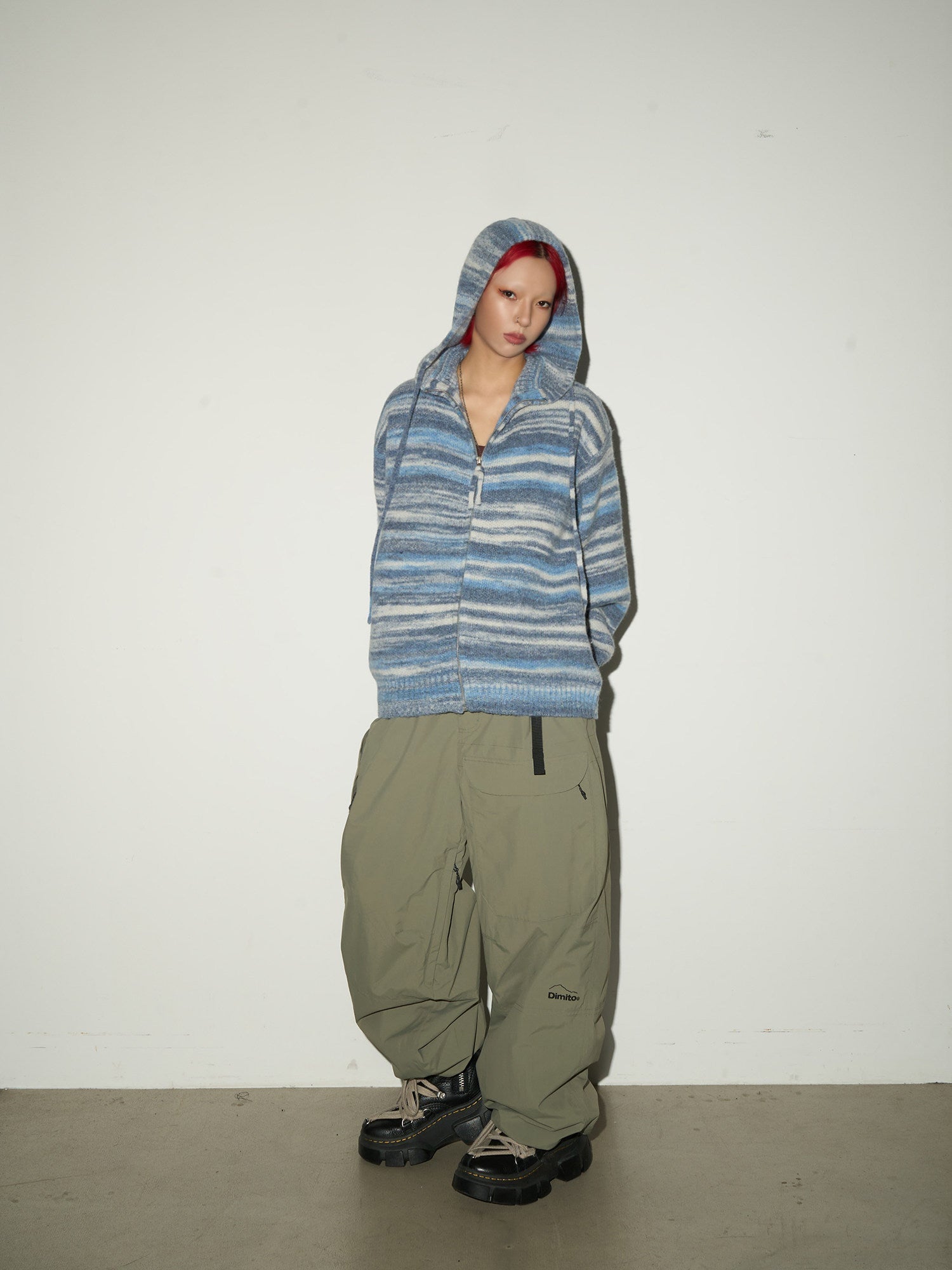 Stripe Hooded Zipper Knit Cardigan