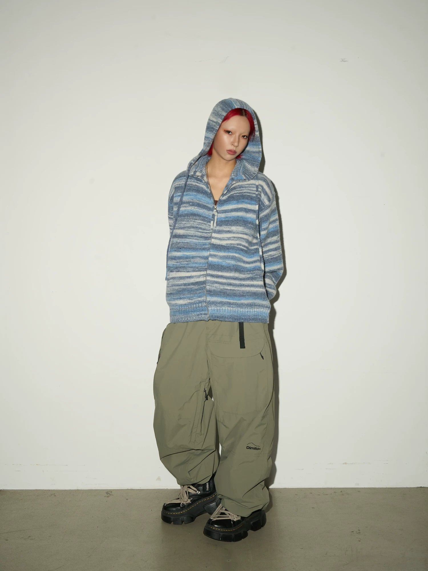 Stripe Hooded Zipper Knit Cardigan
