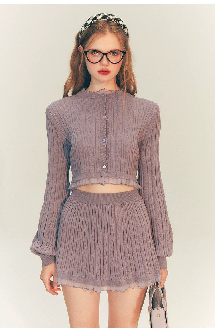 Tulip Button Knit Cardigan & Knit Short Skirt Setup