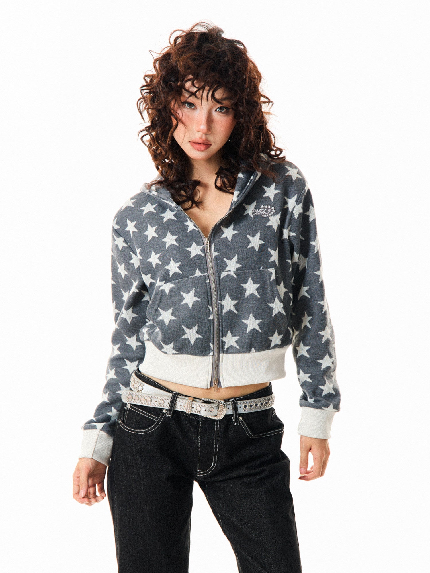 Star Print Cropped Zip-Up Hoodie