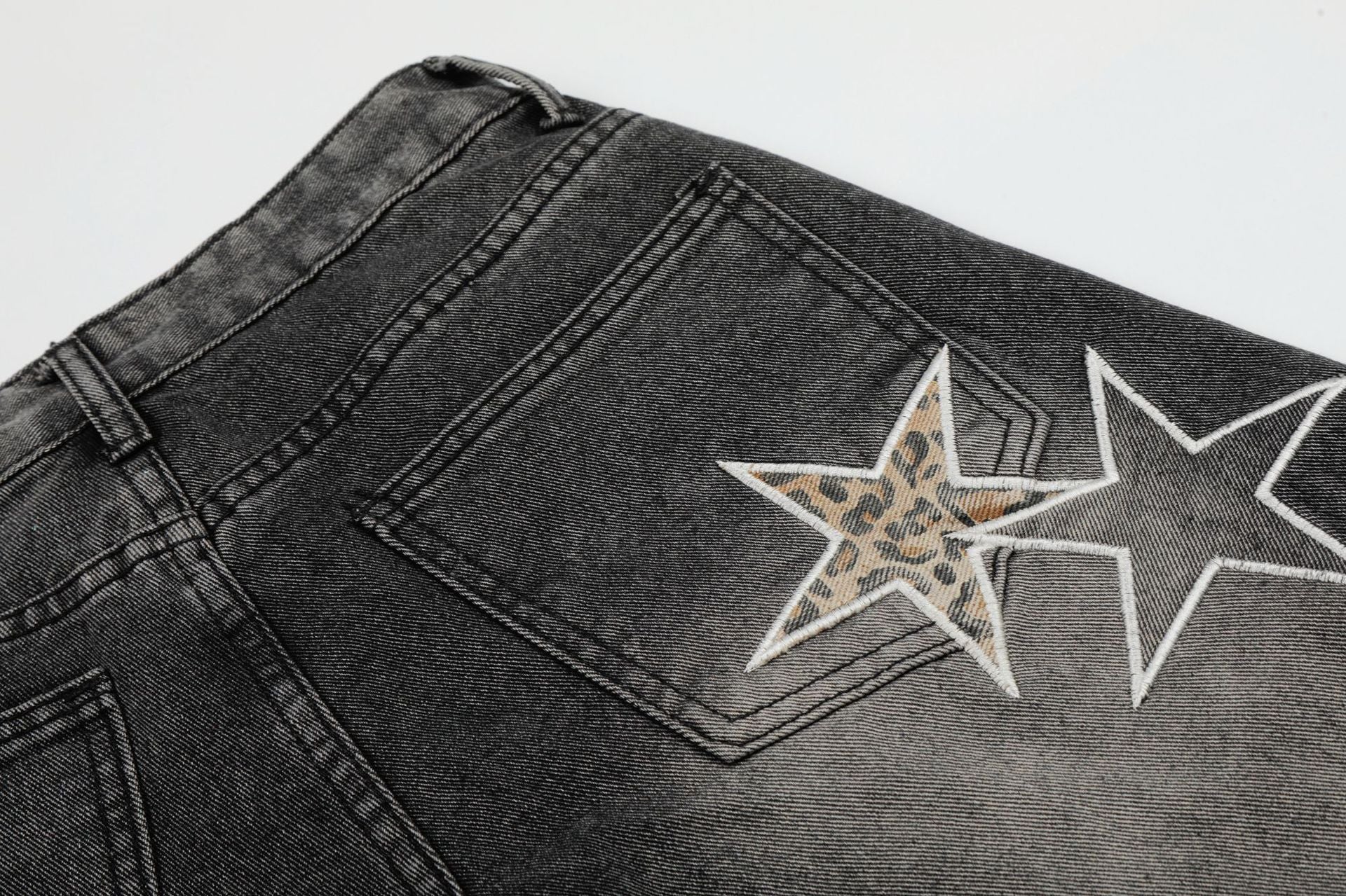 Star Patch Embroidery Curved Denim Jort