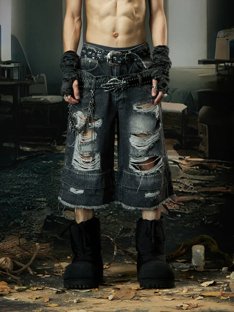 Double Waistband Ripped Washed Wide Leg Short