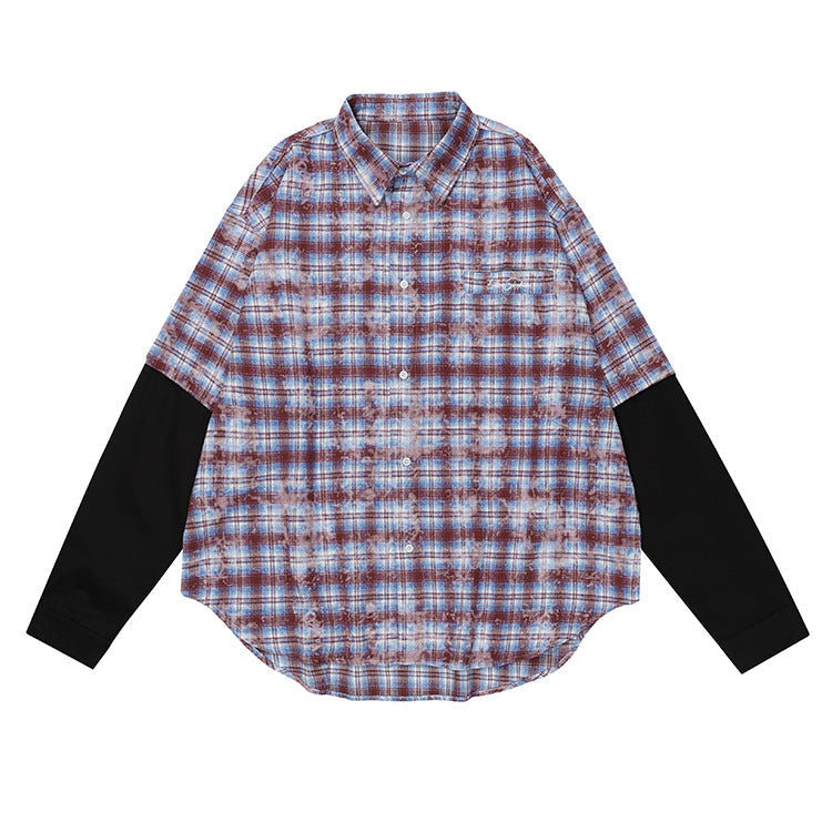 Plaid Fake Layered Letter Embroidery Dyeing Long Sleeve Shirt