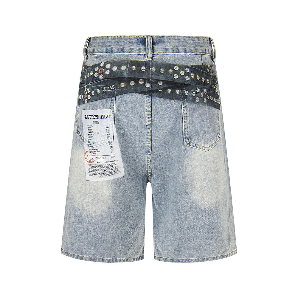Badge Belt Print Wide Leg Half Denim Jeans