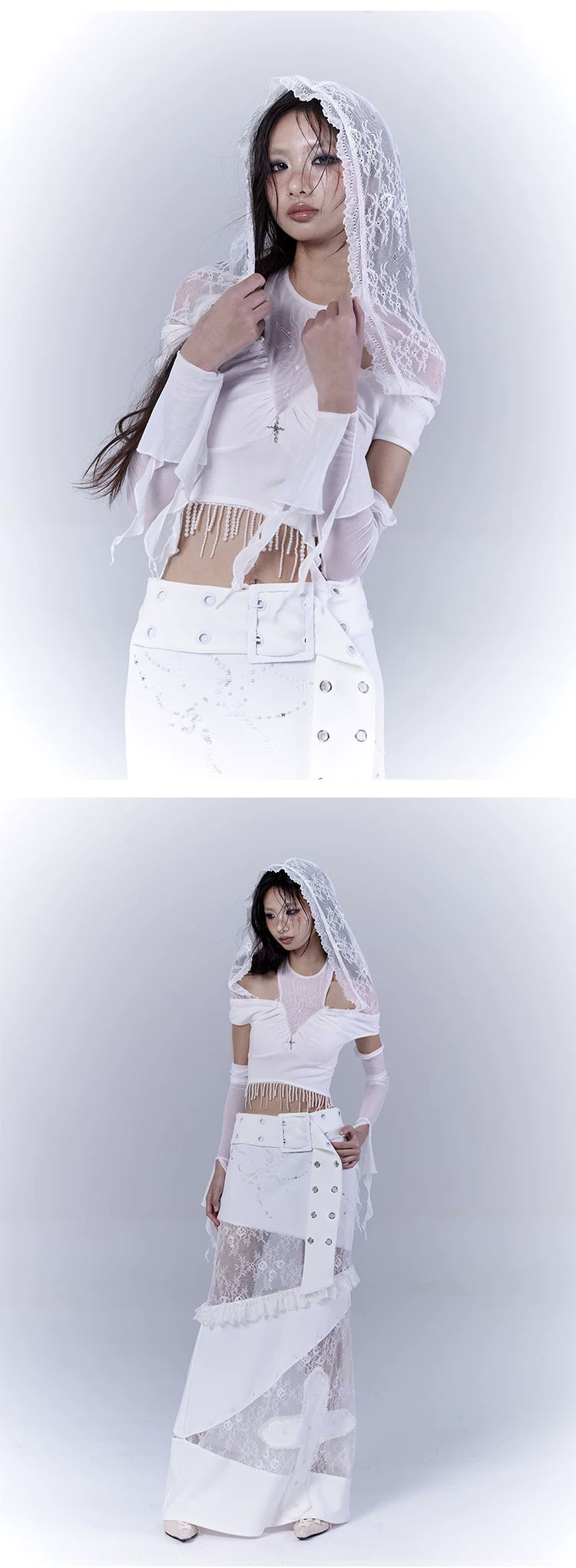 Off Shoulder Lace Pullover Hoodie & Arm Cover Set