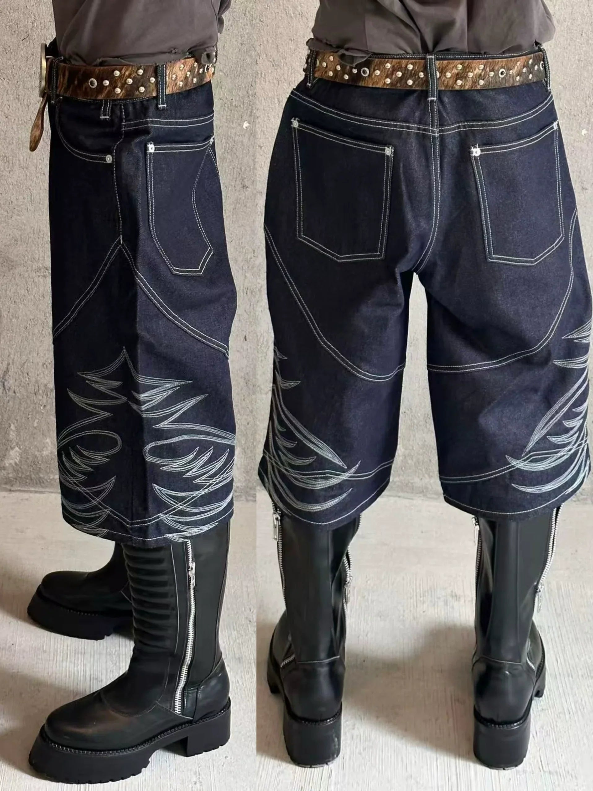 Embroidered Half Denim Jeans