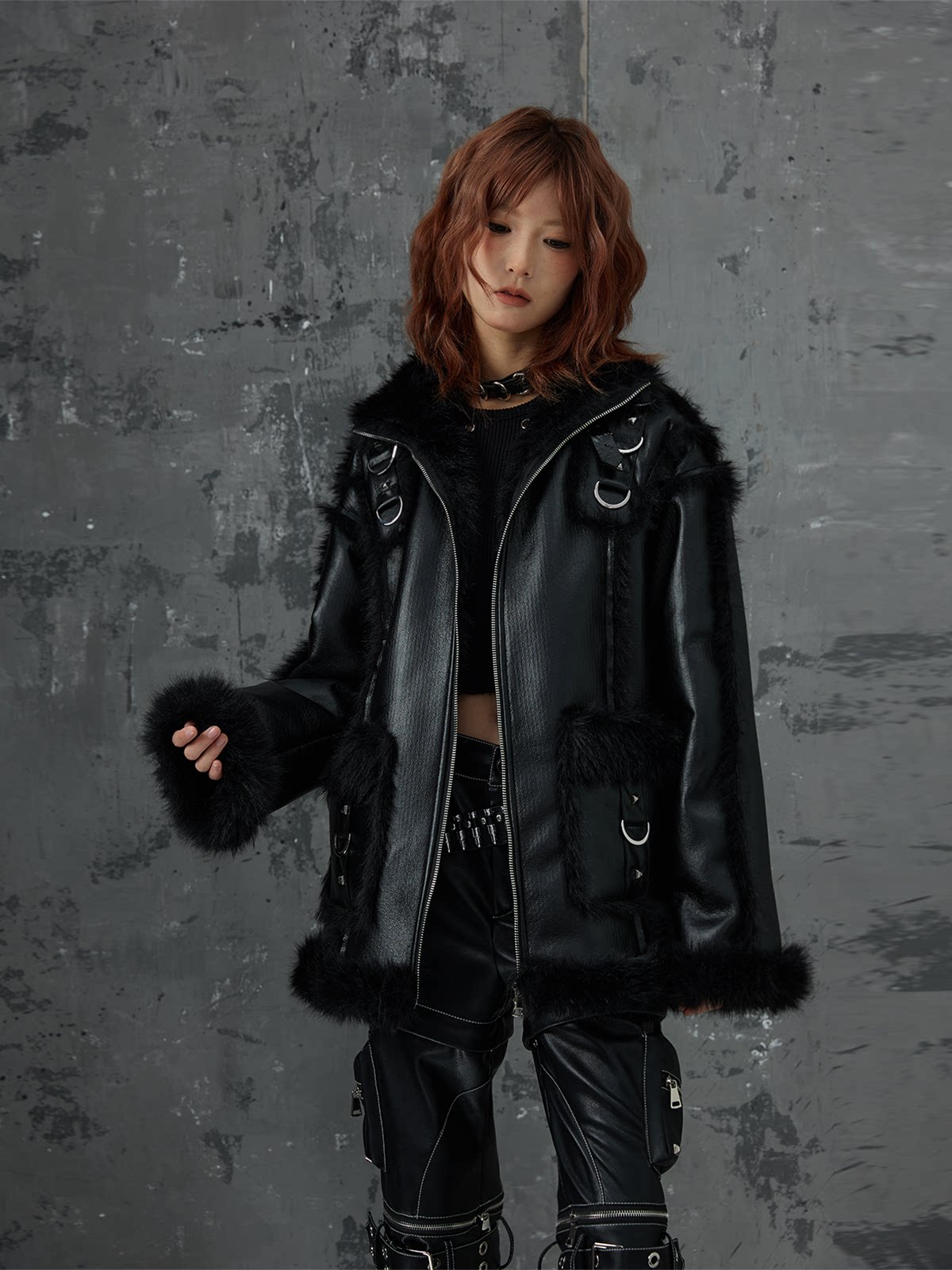 Punk Oversize Metal-Accent Shearling Jacket