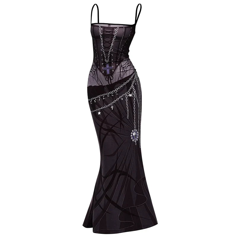 Vestido de sirena con tirantes de bruja