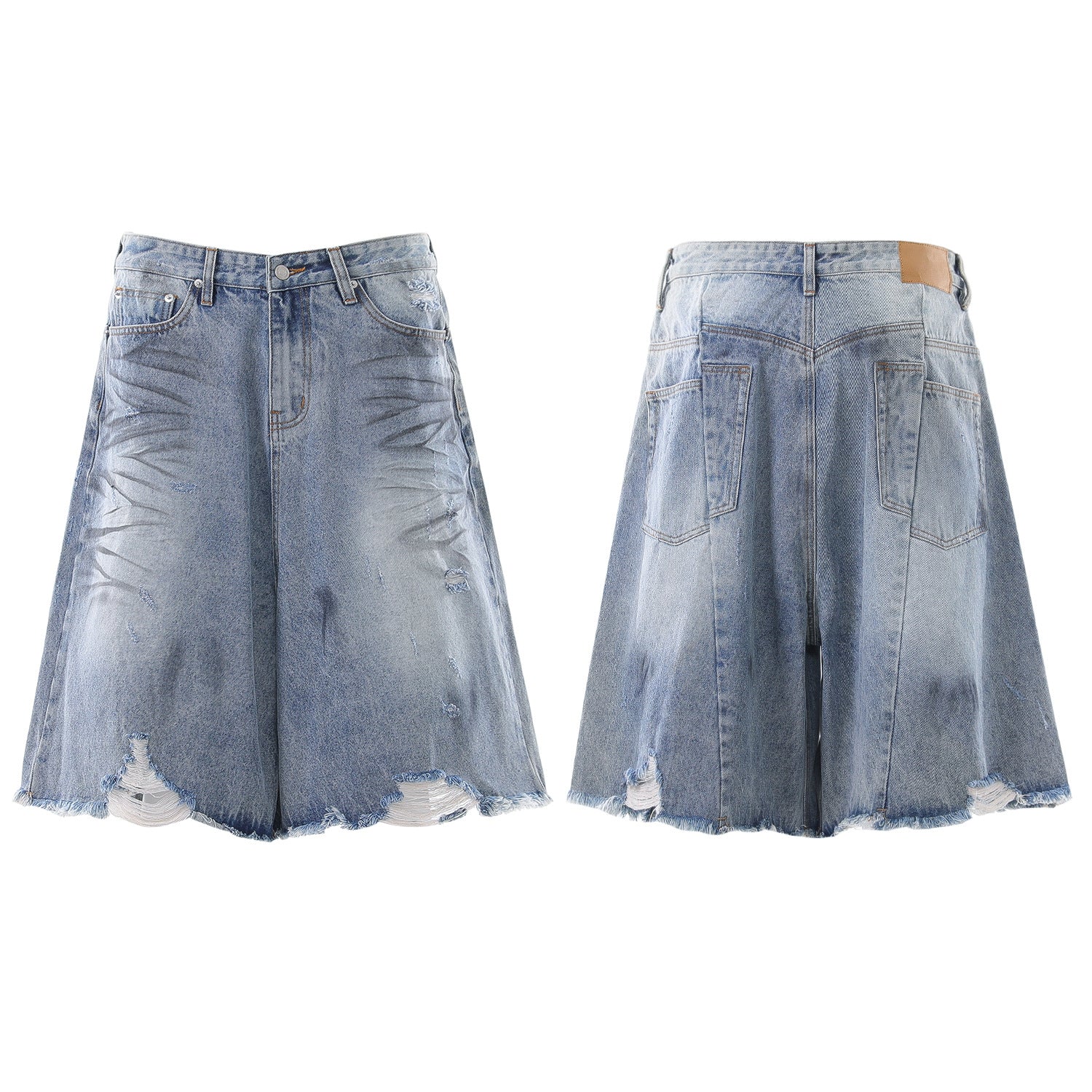 Whisker Washed Wide Leg Denim Jort