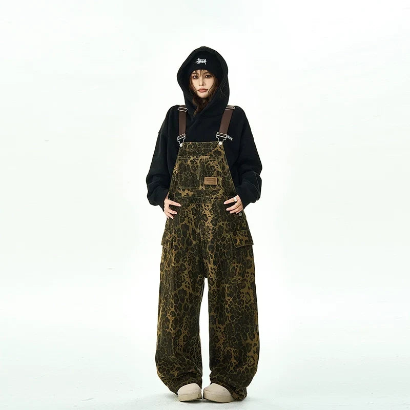 Leopard Pattern Wide Leg Overalls
