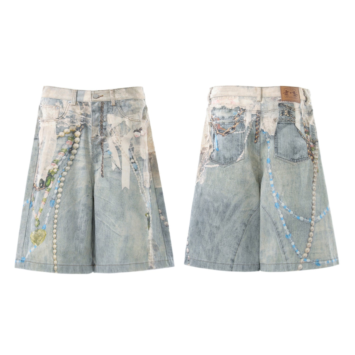 Pearl Chain Collage Print Denim Jort