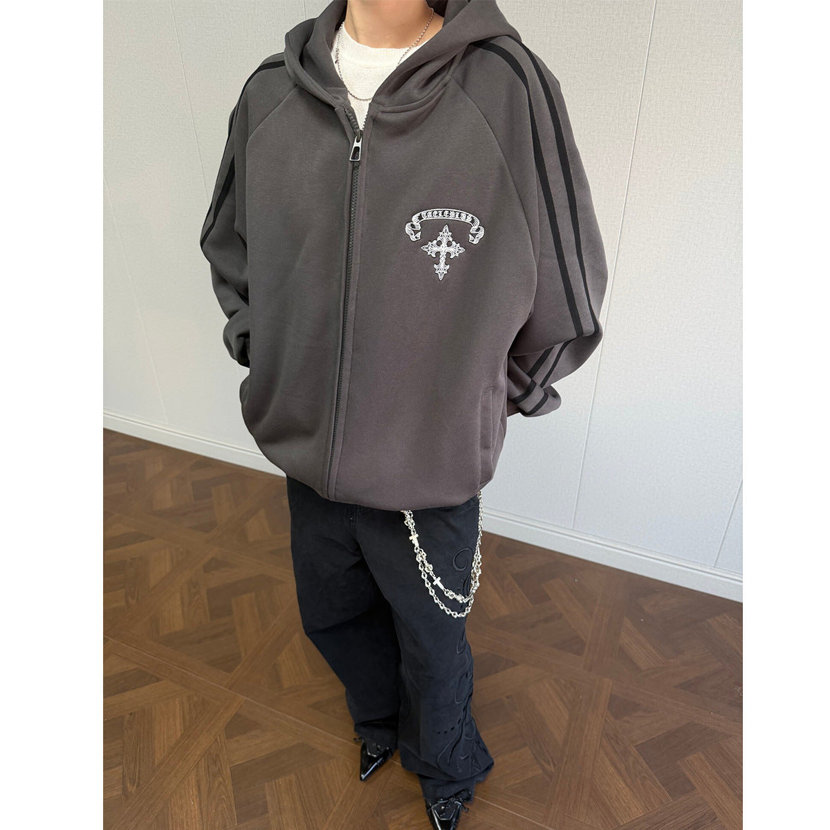 Stripe Cross Print Zipper Hoodie