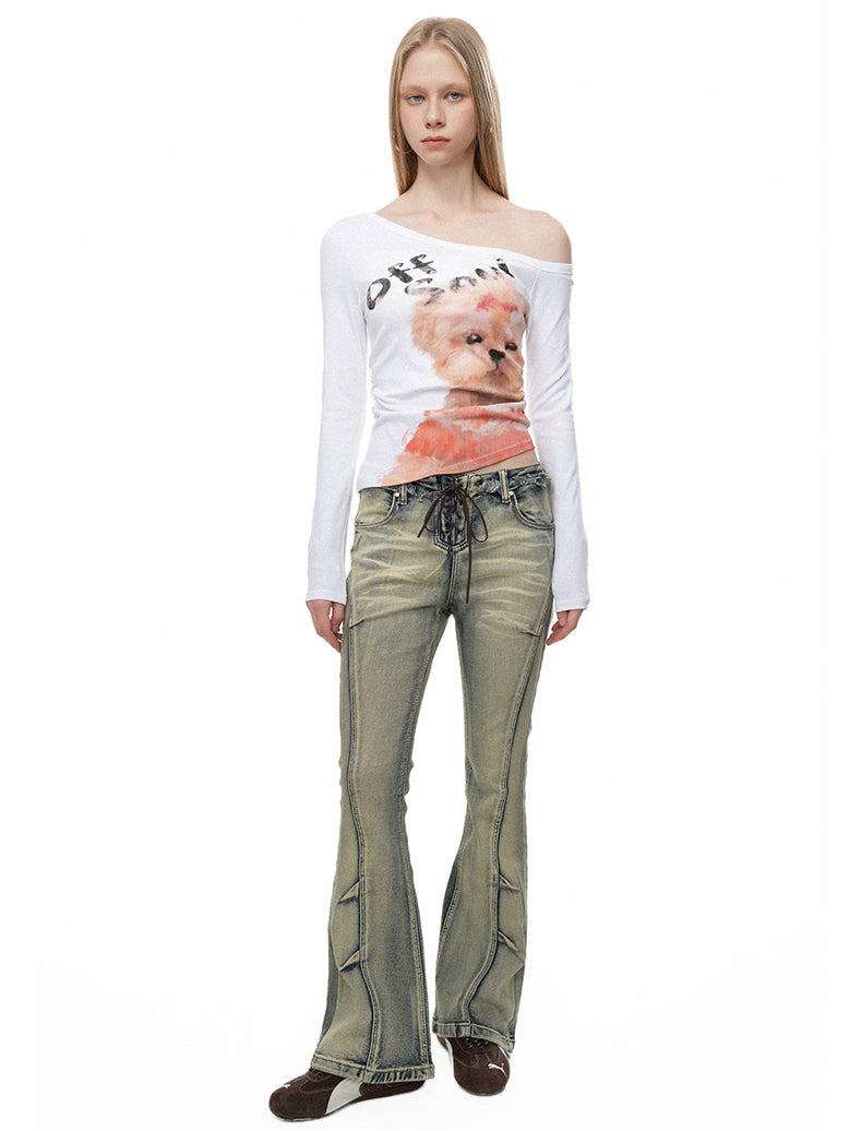 Hand-Painted Puppy Slanted Shoulder Top