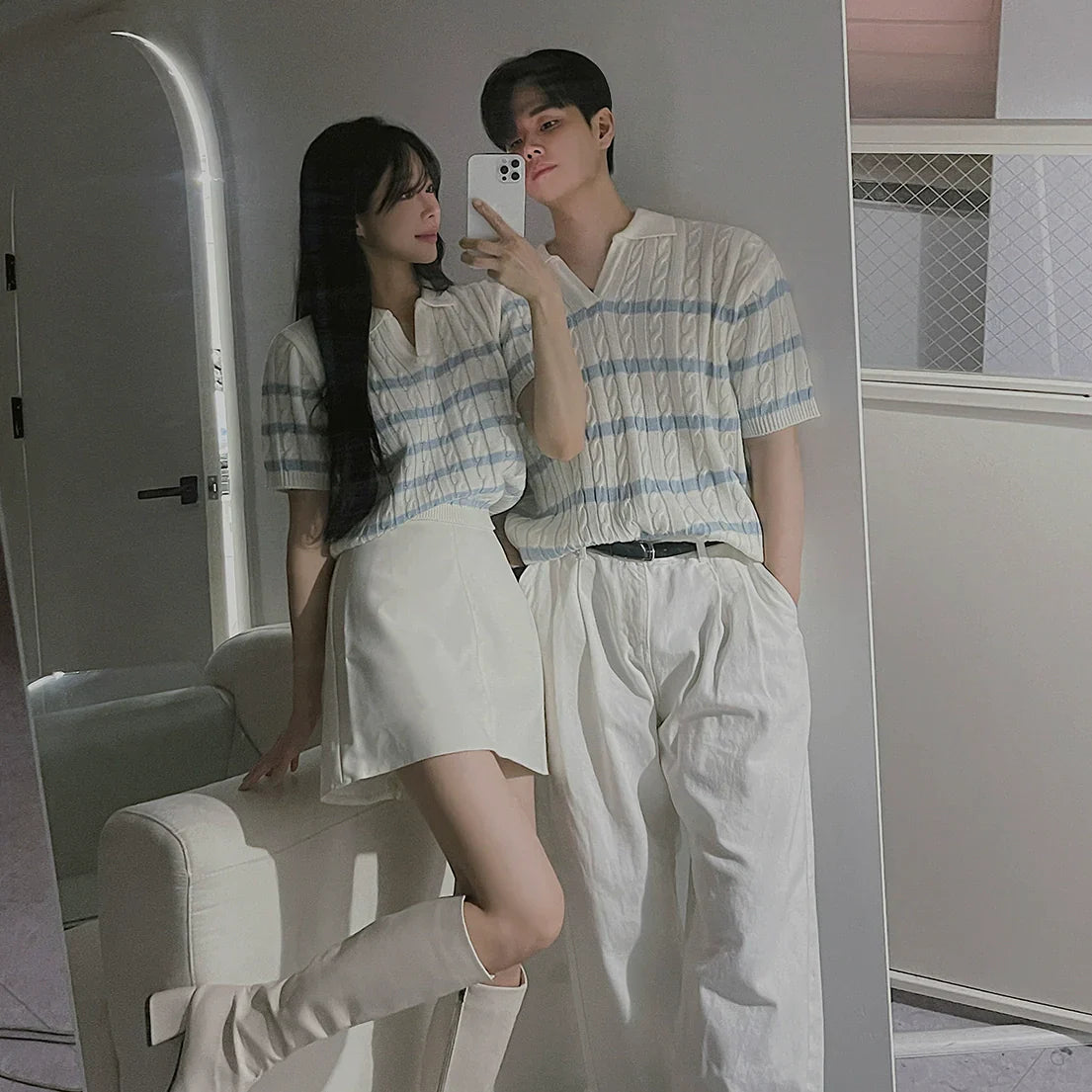 Cable Striped Collar Short Sleeve Knit Polo Shirt