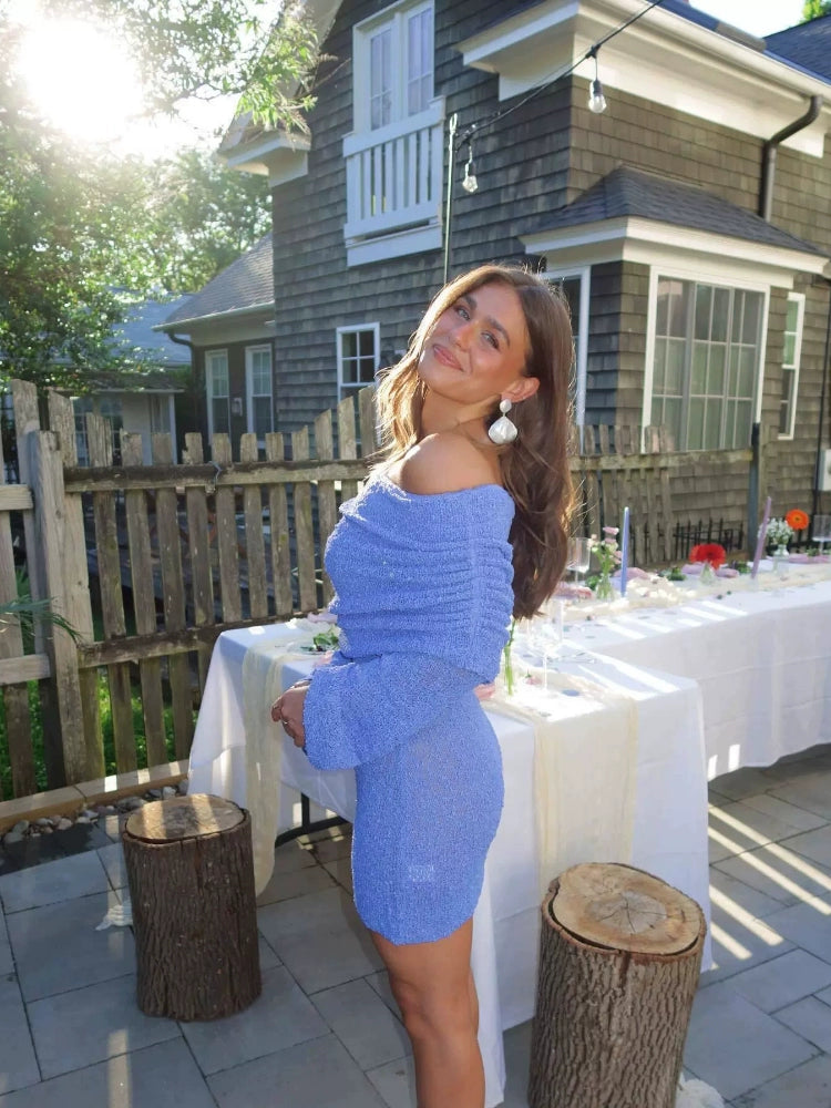Vestido corto de crochet con hombros descubiertos para mujer