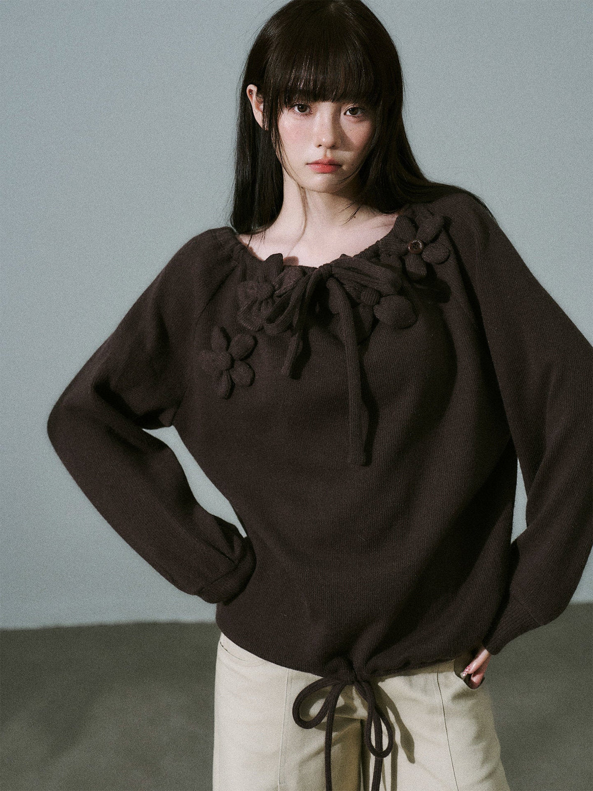 Handmade Flower Drawstring Wool Fake Layered Knit Sweater