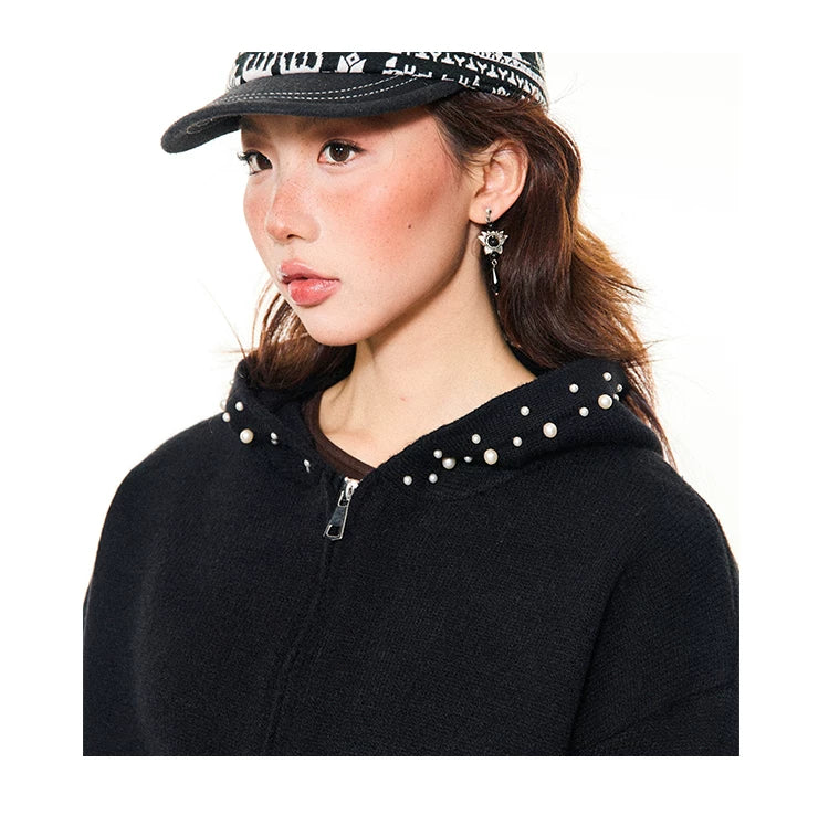 Pearl Embroidery Cropped Zipper Hoodie