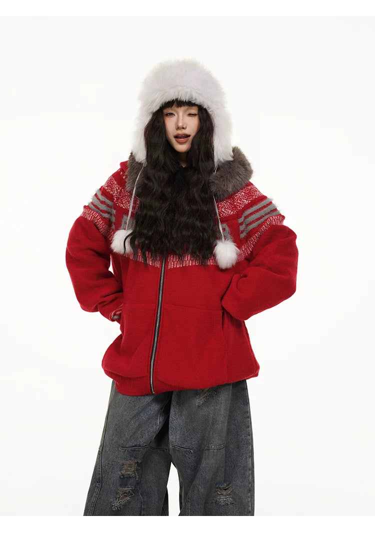Fair Isle Hooded Detachable Fur Collar Knit Cardigan