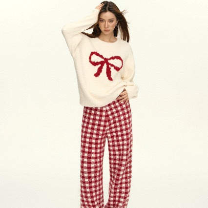 Soft Bow Plaid Pants Pajama Set