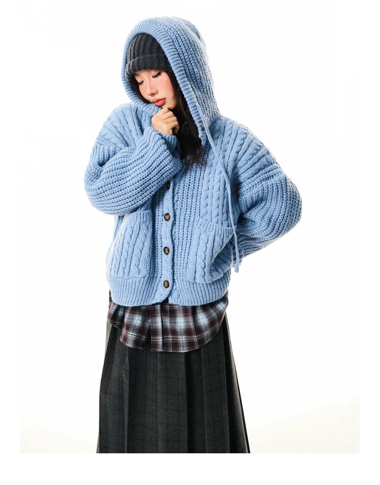 Hooded Button Oversize Cable Knit Cardigan