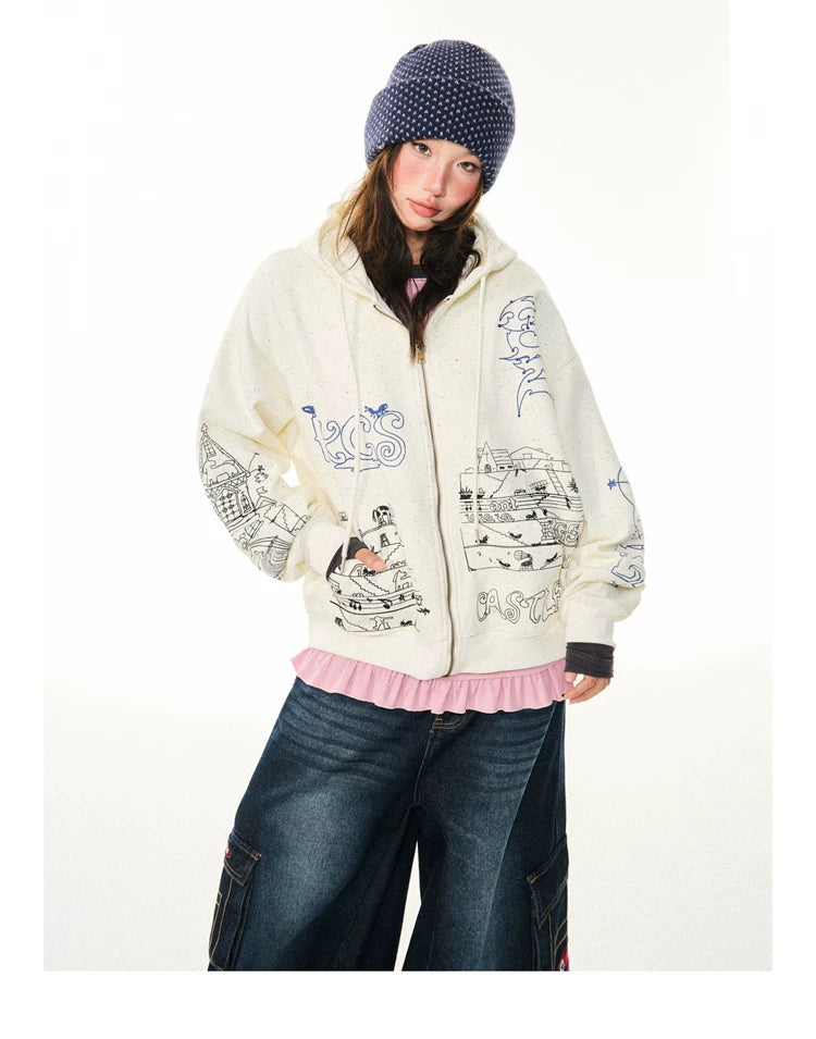 Graphic Print Oversize Zipper Hoodie