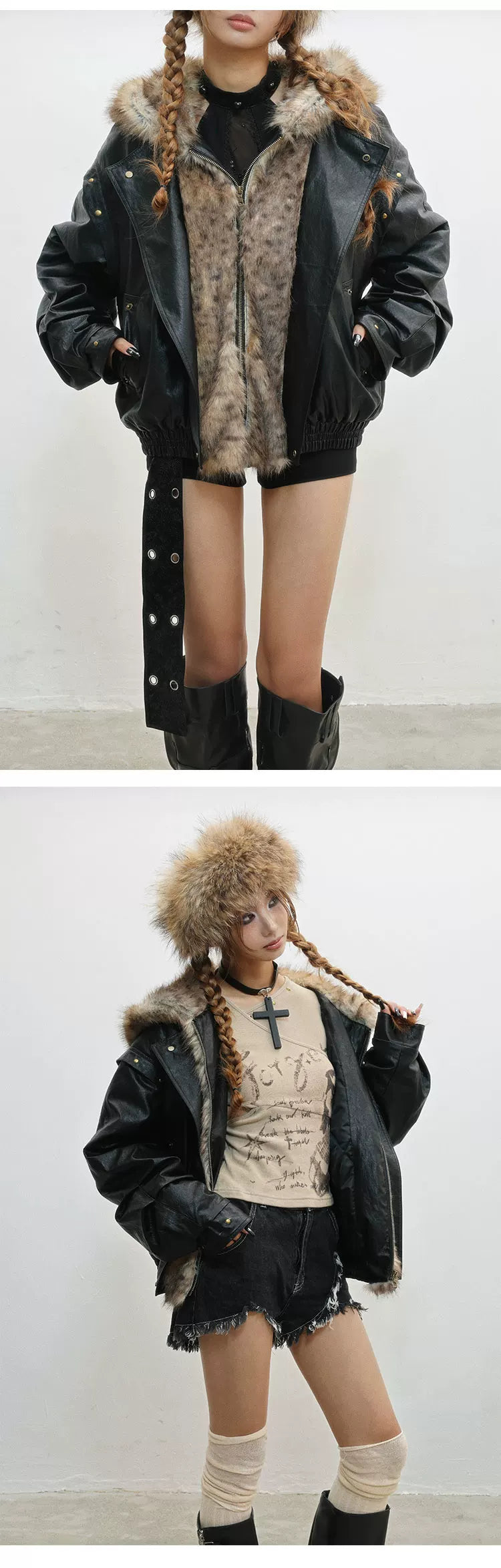 Fur Patchwork Thick PU Leather Jacket