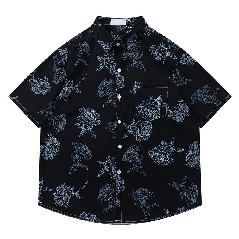 All-Over Rose Print Oversize Short Sleeve Shirt