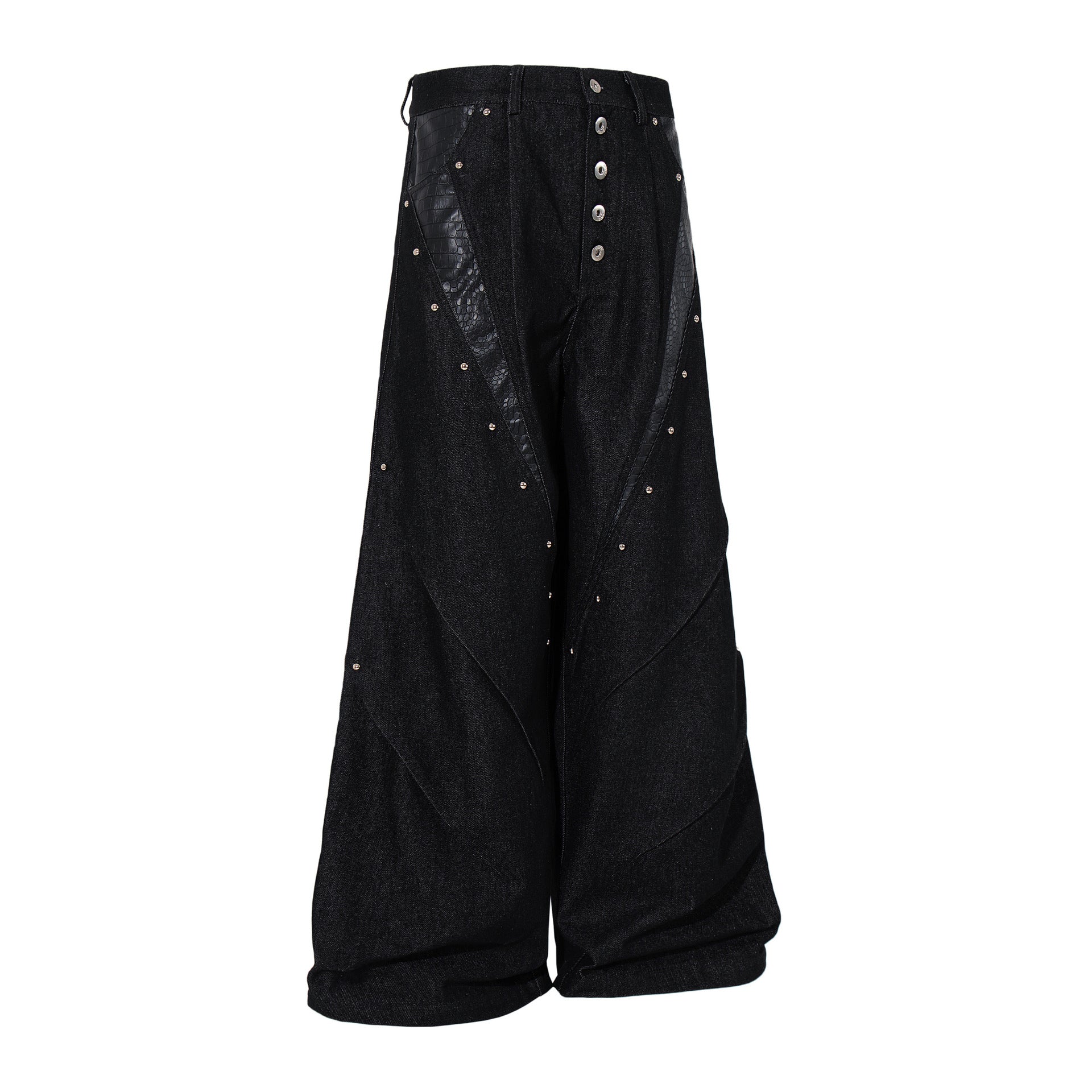 Studs PU Leather Panel Wide Leg Denim Jeans