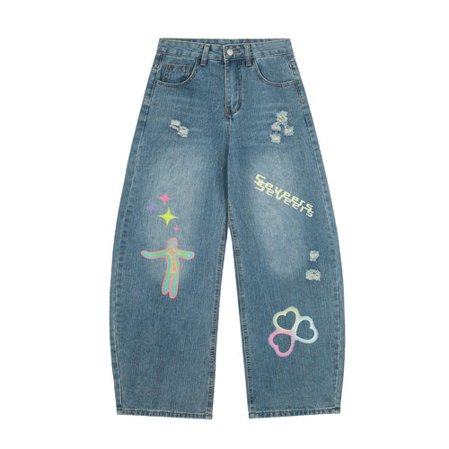 Calça Jeans Wide Leg com Estampa de Corações e Estrelas - Azul / S