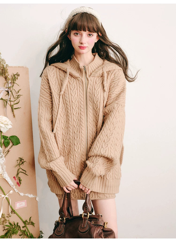Bunny Hare Ear Hooded Zipper Knit Cardigan & Knit Skirt Setup