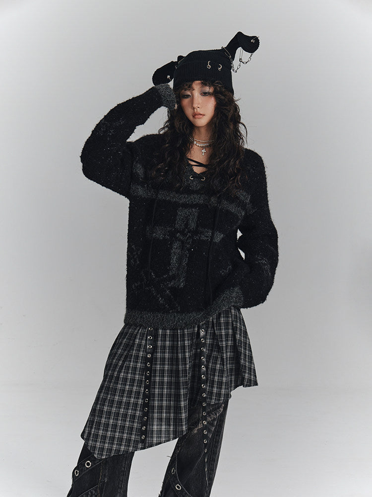 Cross Detail Drawstring Oversize V-Neck Knit Sweater