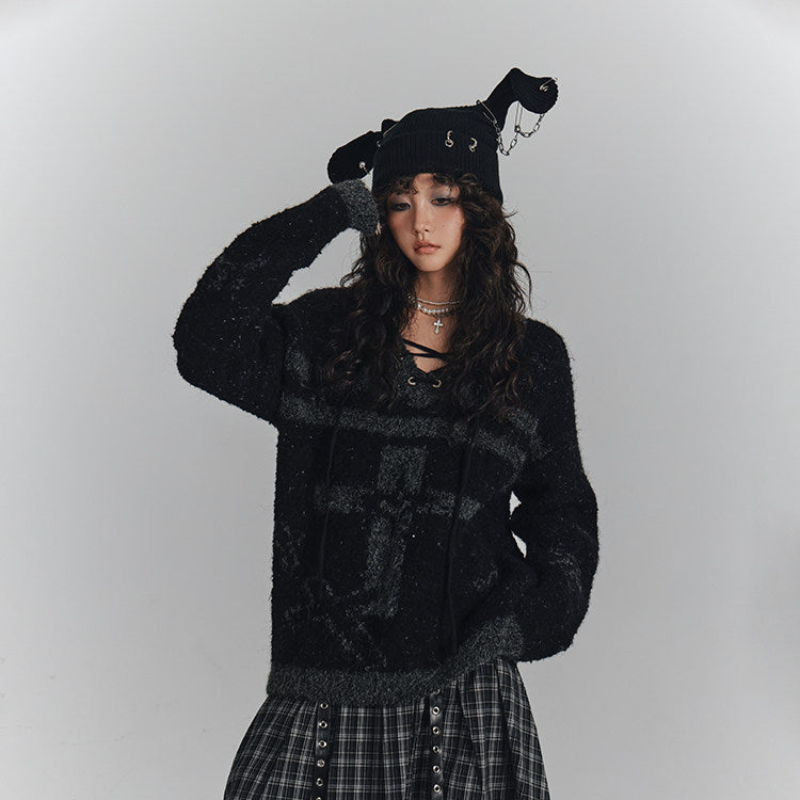 Cross Detail Drawstring Oversize V-Neck Knit Sweater
