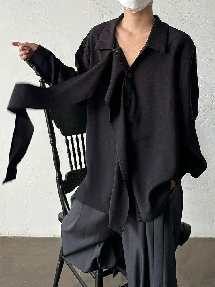 Ribbon Design Linen Long Sleeve Shirt