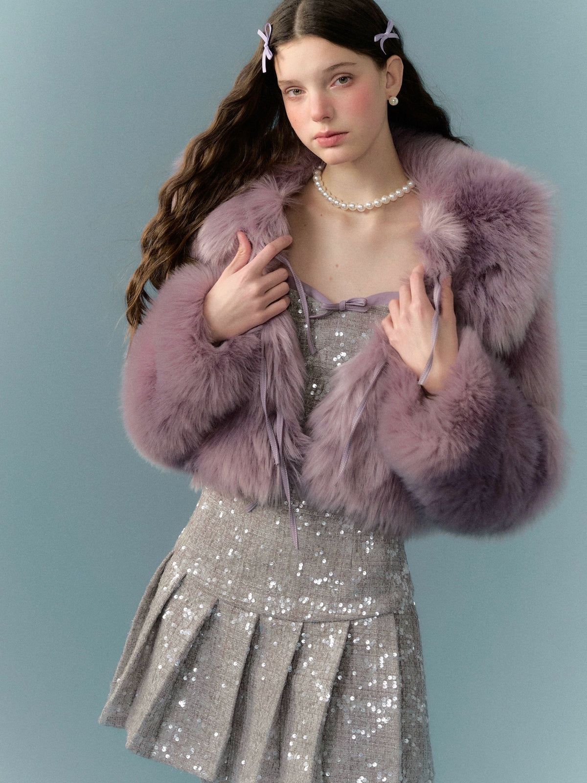 PU Leather Mix Bow Fur Jacket