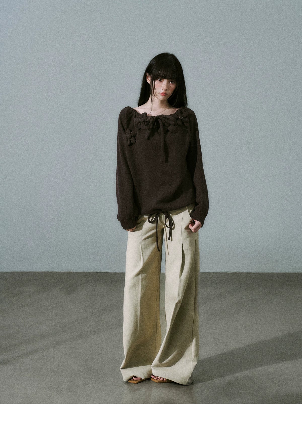 Handmade Flower Drawstring Wool Fake Layered Knit Sweater