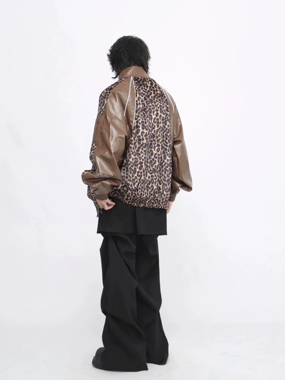 Stand Neck Leopard Print PU Leather Mix Jacket