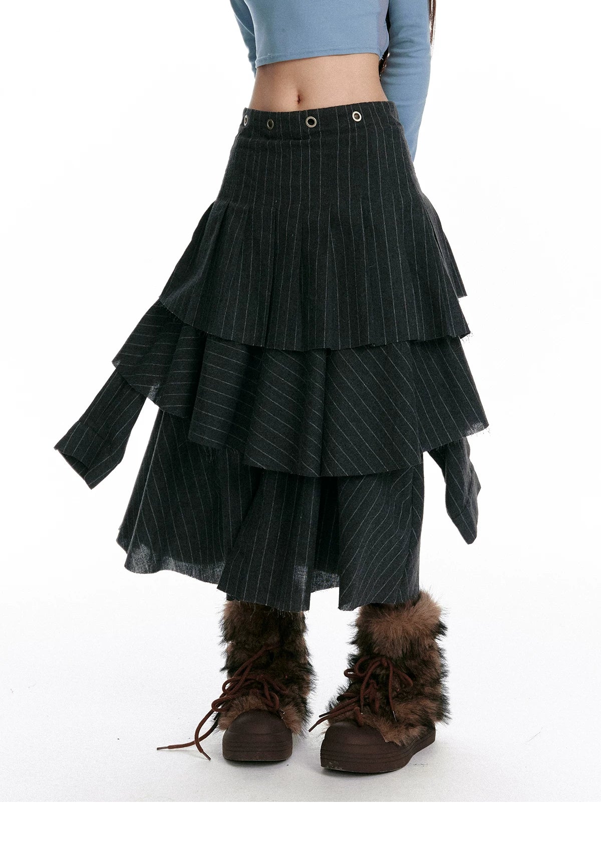 Textured Asymmetrical Striped Midi Ruffle Skirt