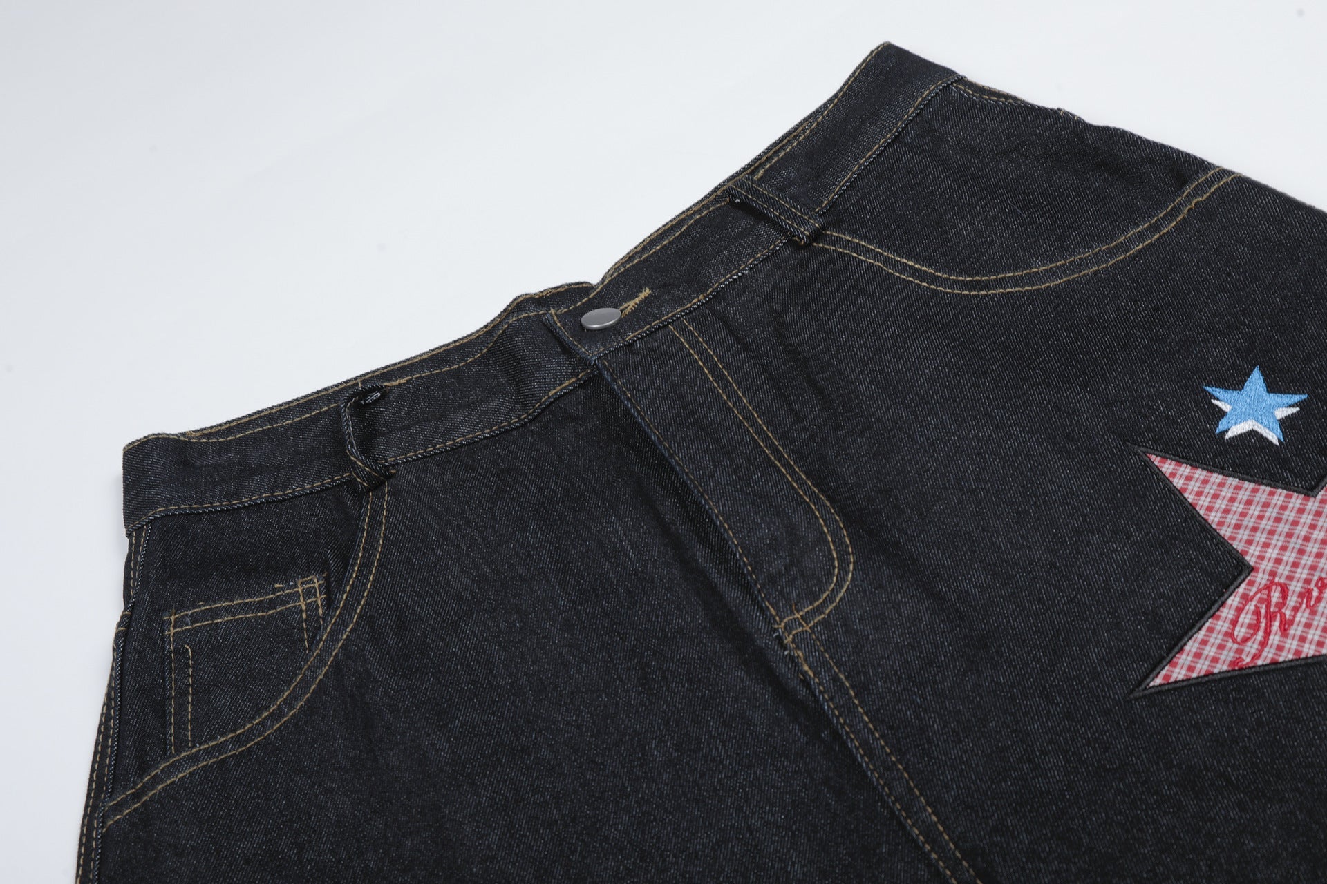 Star Patch Embroidery Denim Wide Leg Jort