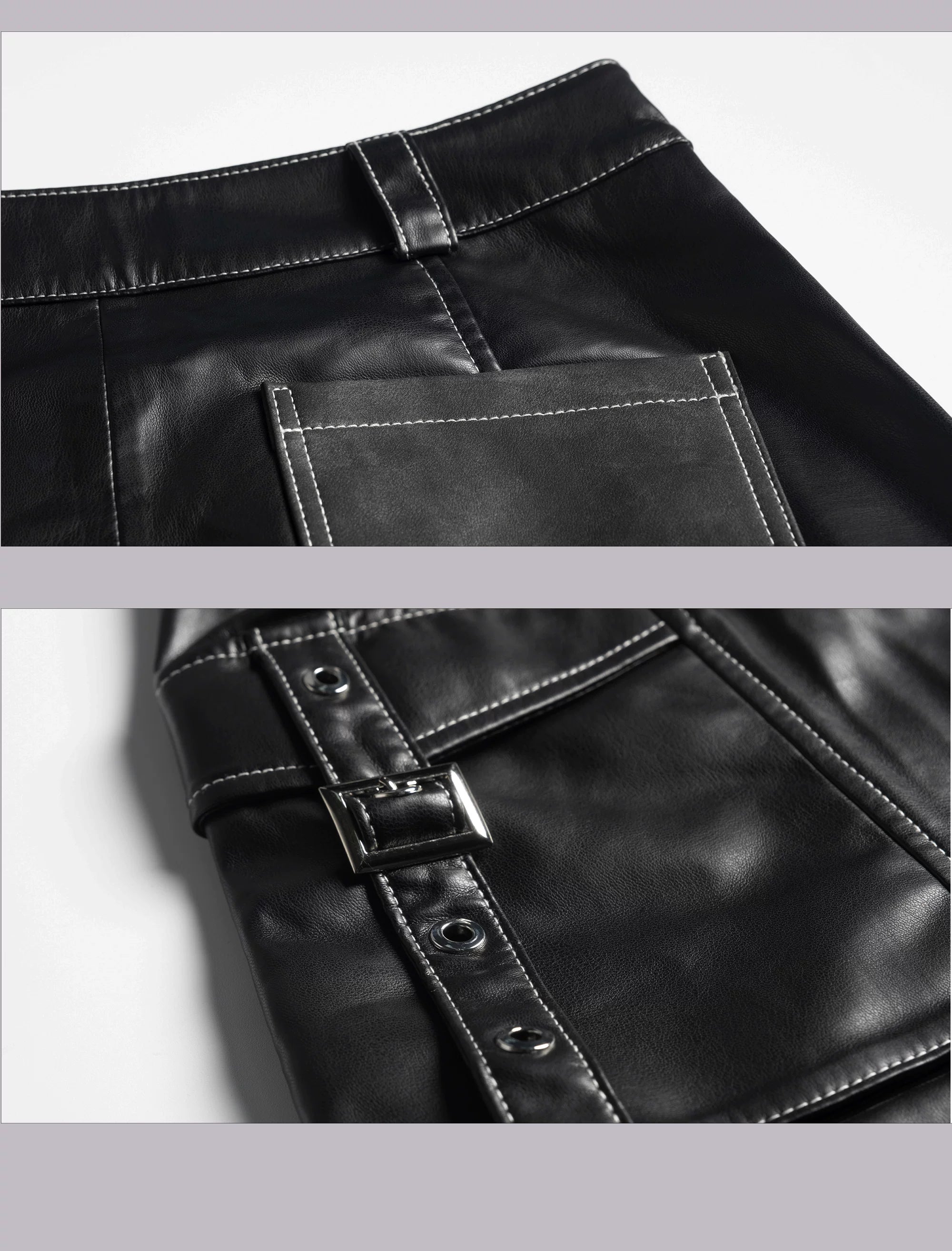 Metal-Embellished Straight-Leg PU Leather Cargo Pants