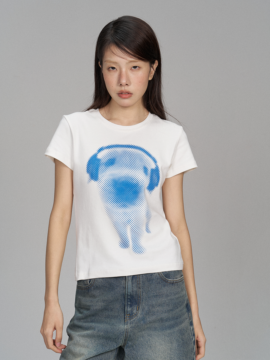 Puppy Print Slim Short Sleeves Crop T-Shirt