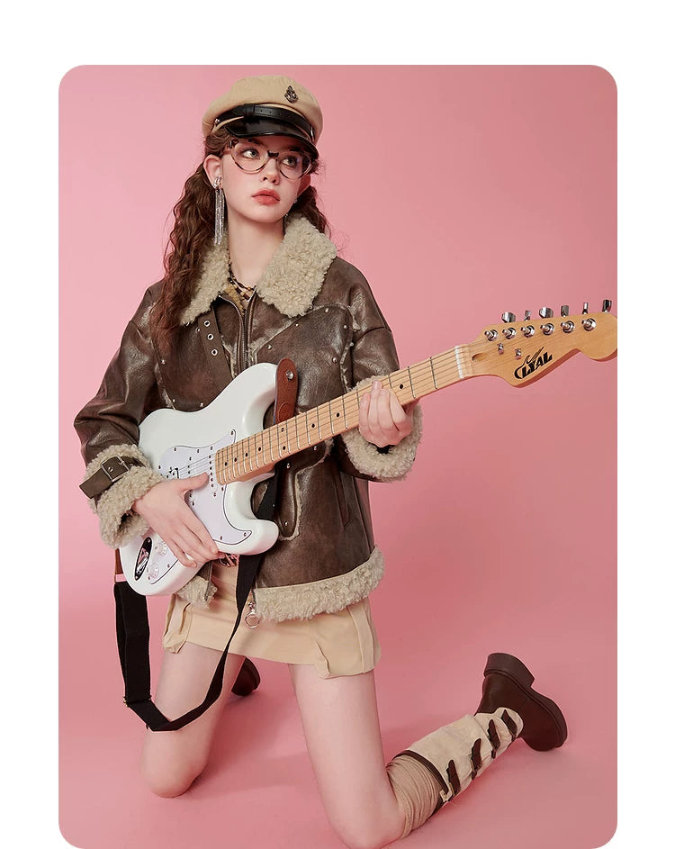 Fake Shearling Thick PU Leather Jacket