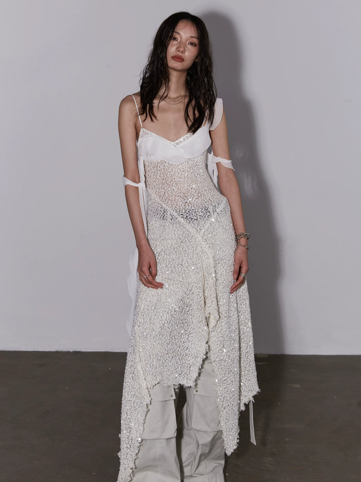 See Through Knit Glitter Strap Shoulder Dress