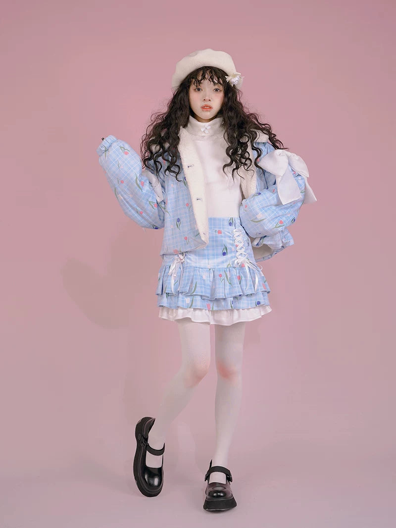 Flower Print Bow Fleece Lining Puffer Jacket