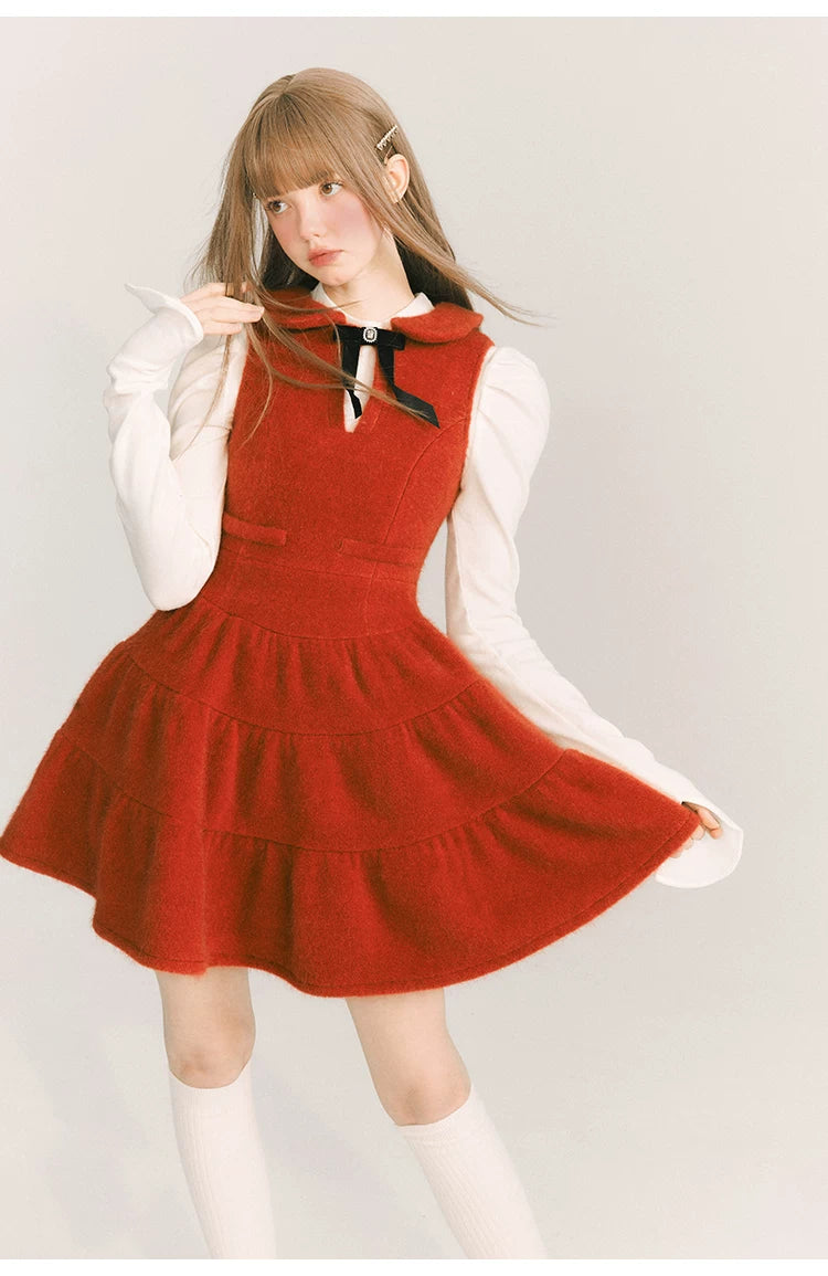 Bow Velvet Ruffle Short Length Dress