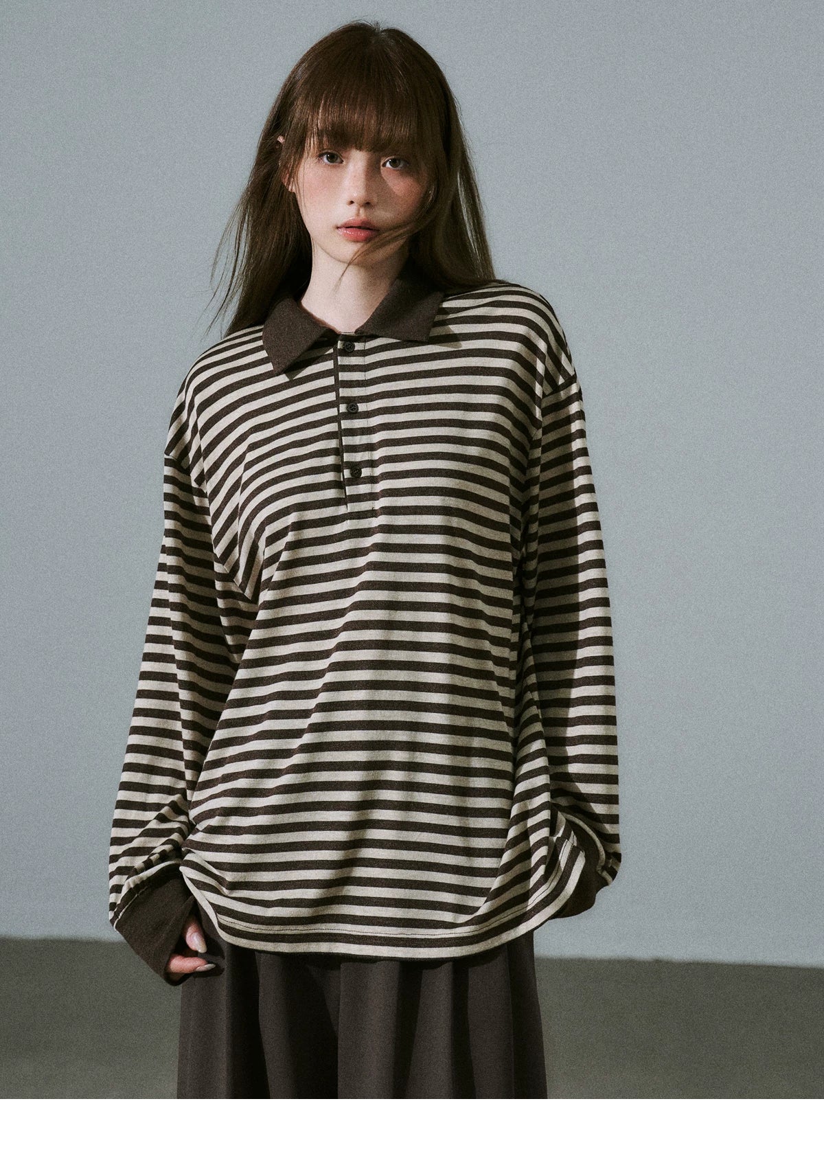 Brown Striped Long Sleeve Polo-Shirt