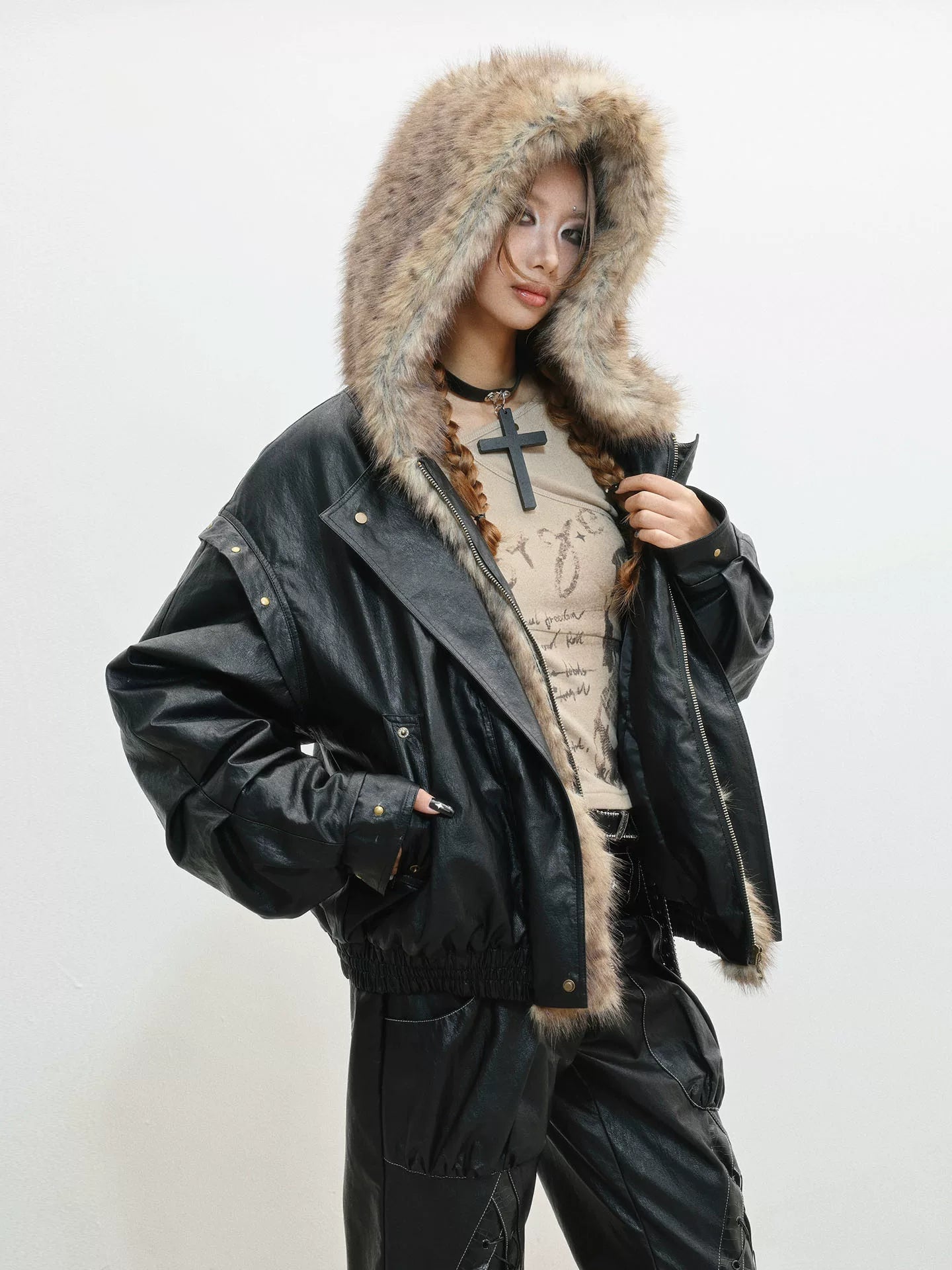 Fur Patchwork Thick PU Leather Jacket
