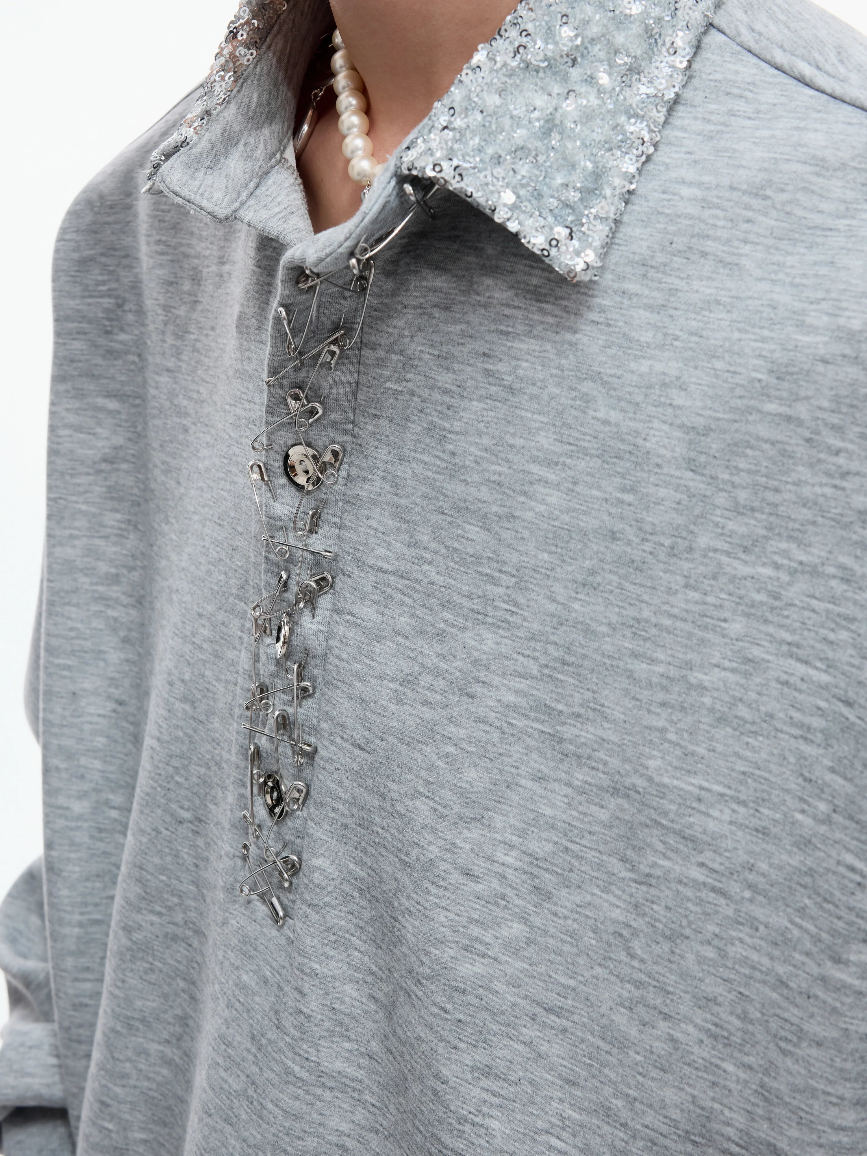Sequin Pin Long Sleeve Polo Shirt