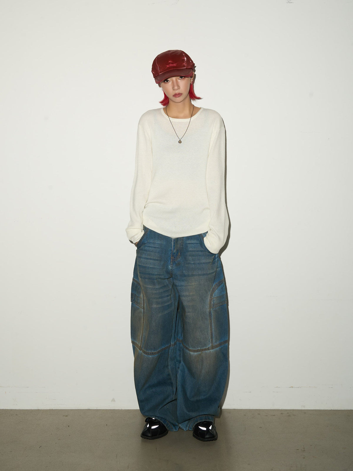Washed Panel Strap Detail Wide Leg Denim Jeans